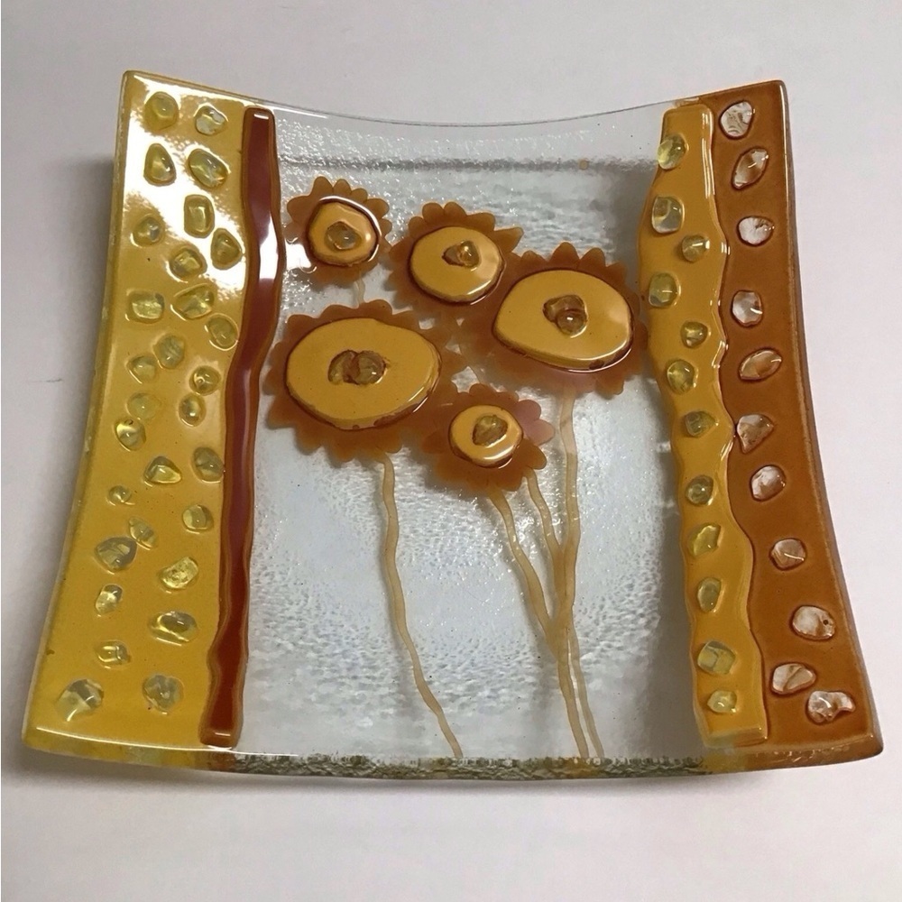 ETERNO Fused Art Glass Trinket Tray Dish Studio Handmade MCM Mod Sunflowers Gold